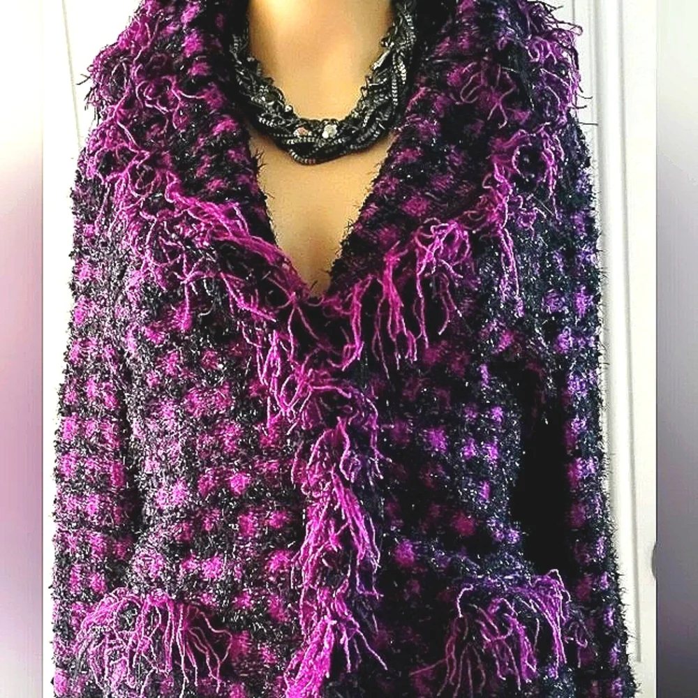 WOW! EXQUISITE ESCADA 40/10 KNIT WOOL TWEED BOUCLE PURPLE METALLIC FRINGE JACKET - Picture 12 of 13